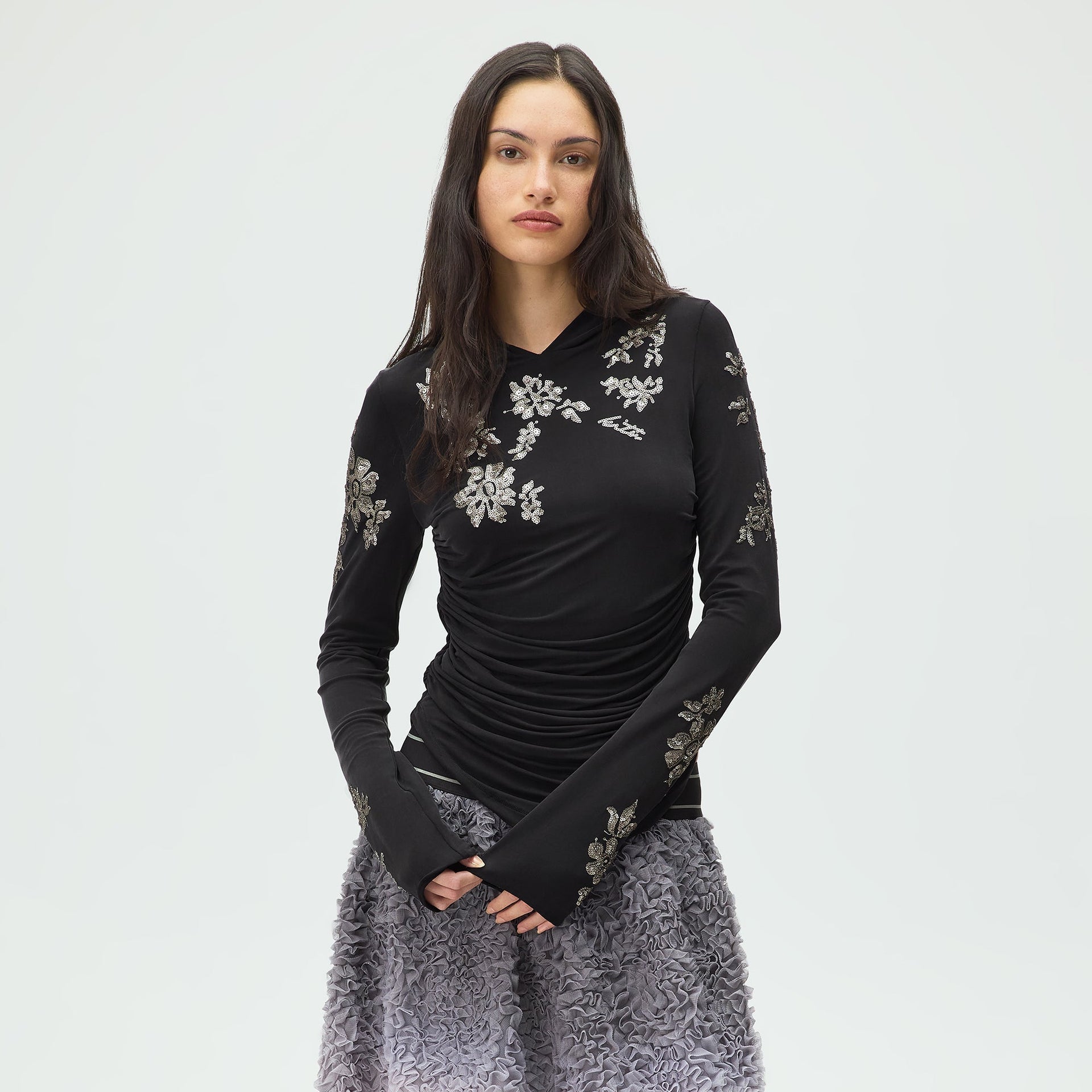 Lisa for Kith Women Sofi Embellished Ruched Hoodie - Black
