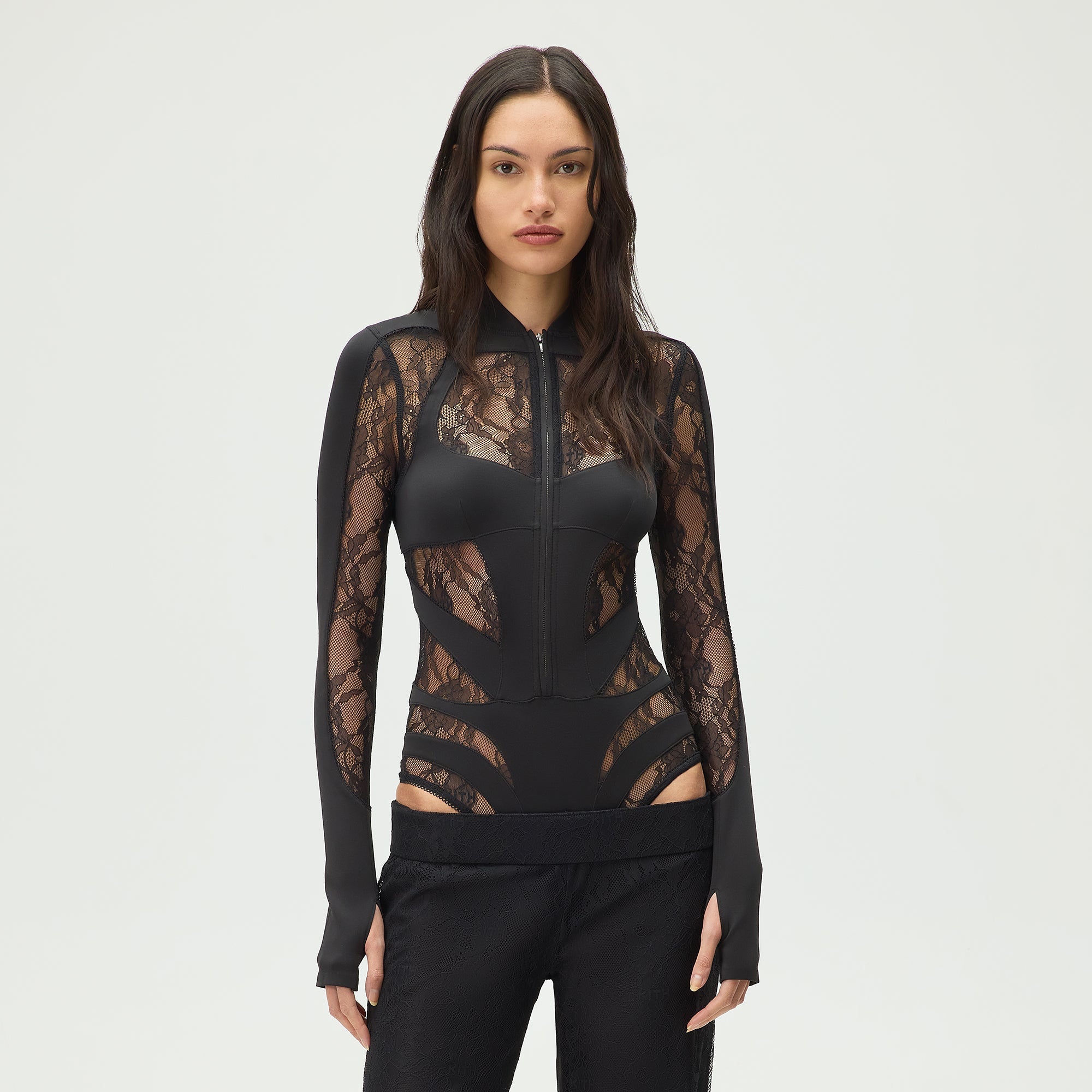 kith women monogram body suit black 黒 Lisa for Kith Women Vier Lace Paneled Bodysuit - Black – Kith UK