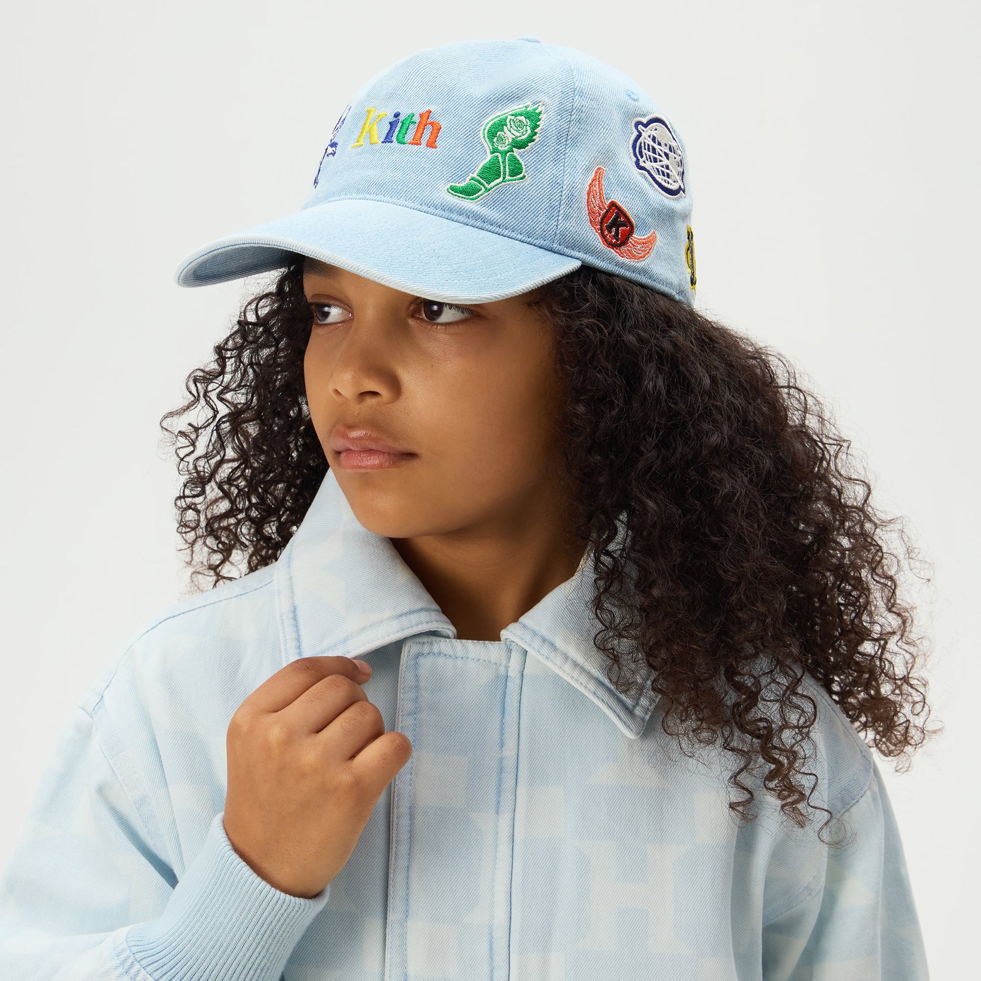 Kith Kids NY to the World Denim Pinch Crown Cap - Light Indigo