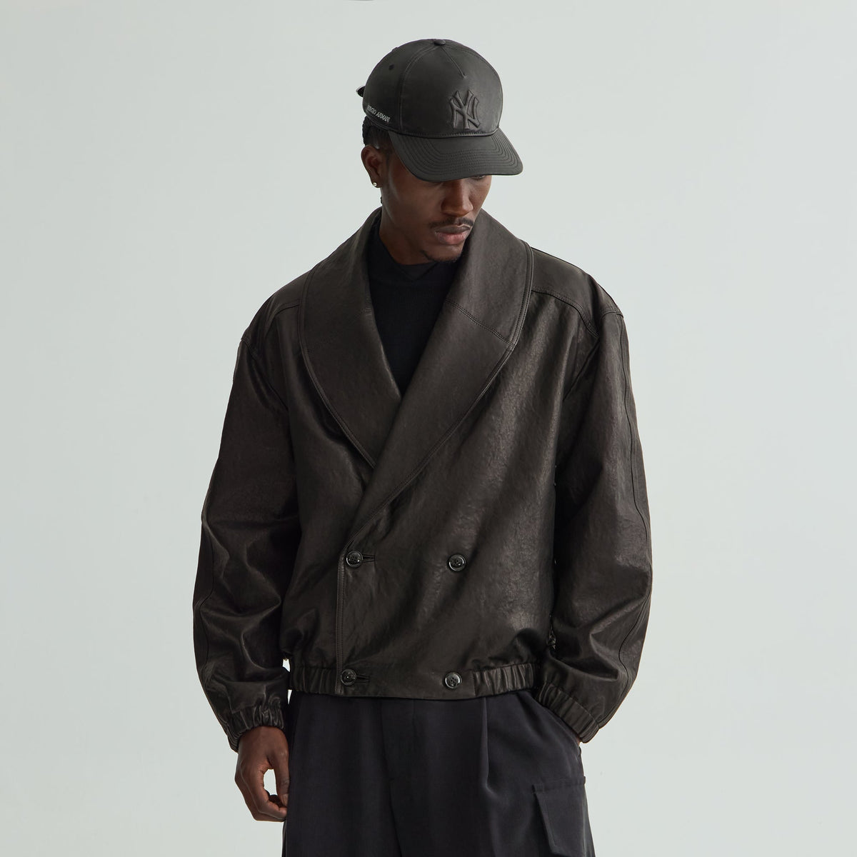 Giorgio Armani & Kith Lamb Leather High Neck Flight Jacket - Black Beauty