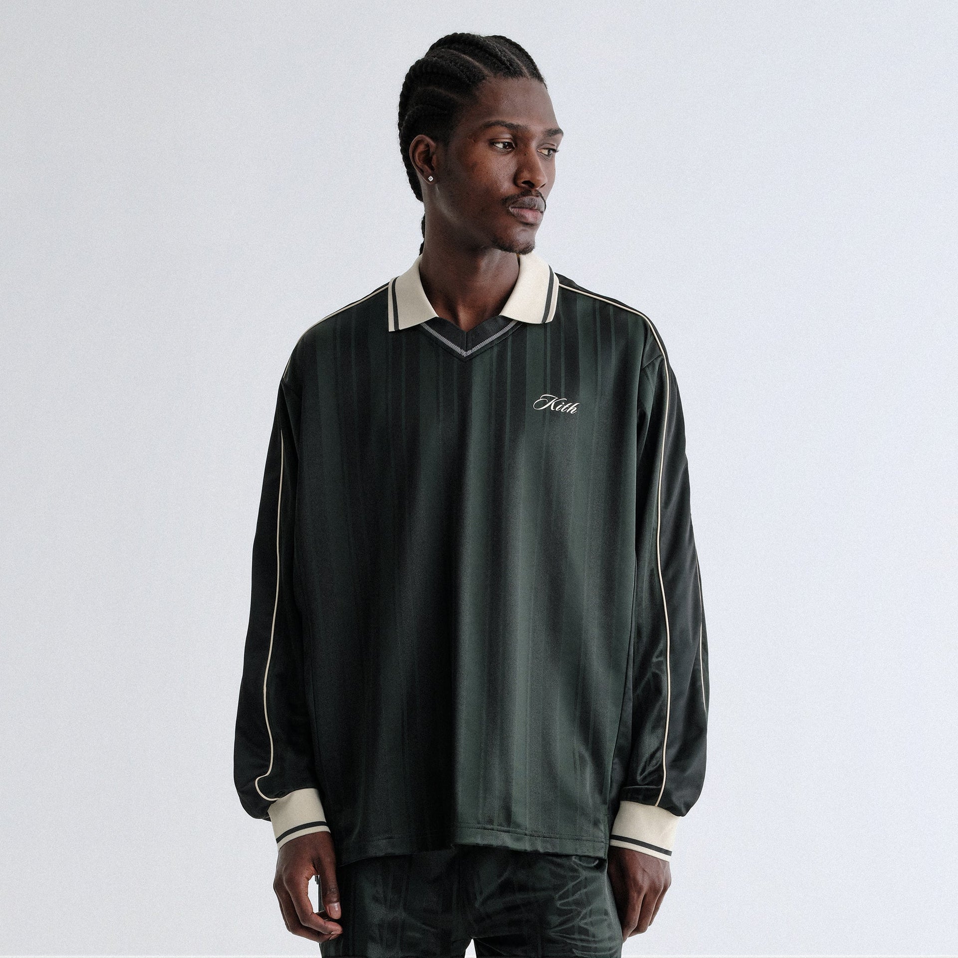 Kith Pinstripe Tricot Panelled Long Sleeve Tap In Polo - Stadium