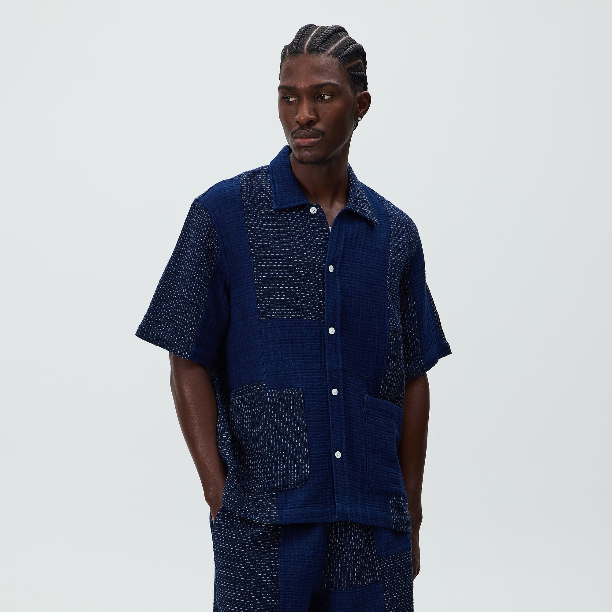 Kith Stitched Patchwork Boxy Collared Overshirt - Mid Indigo – Kith UK