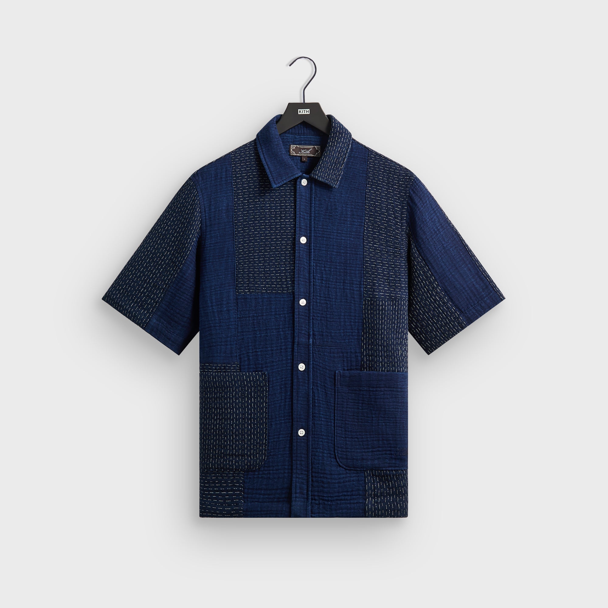 トップス KITH Clayton Boxy Collared Overshirt Kith Stitched Patchwork Boxy Collared Overshirt - Mid Indigo – Kith UK