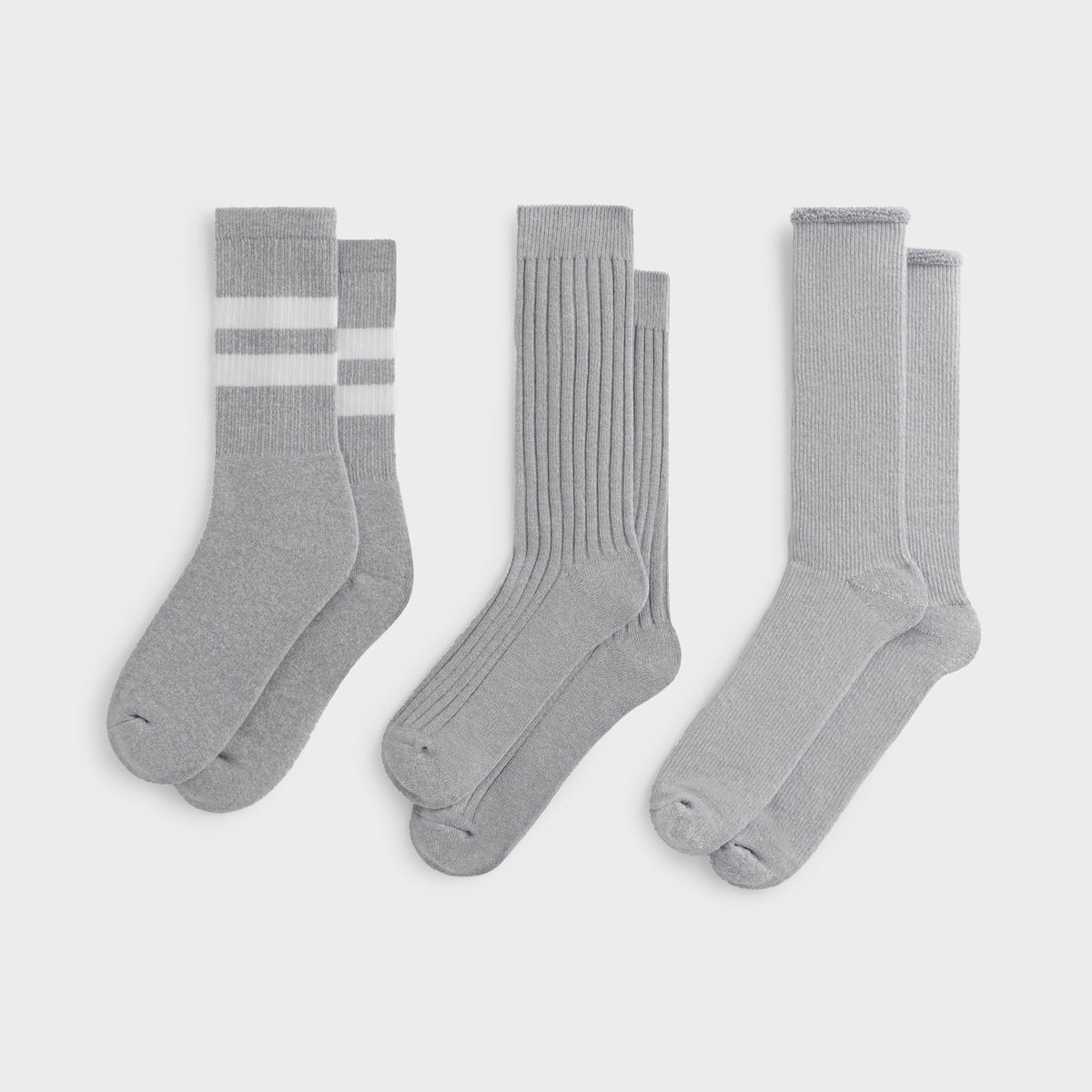 Kith 3-Pack Mixed Cotton Socks in light heather grey, striped, ribbed and plain pairs