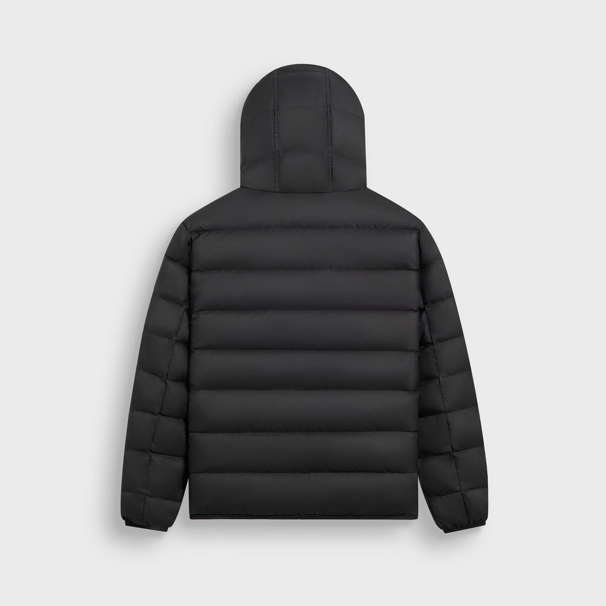 Kith Matte Stretch Taffeta Cameron Puffer Jacket in black, back view, with hood