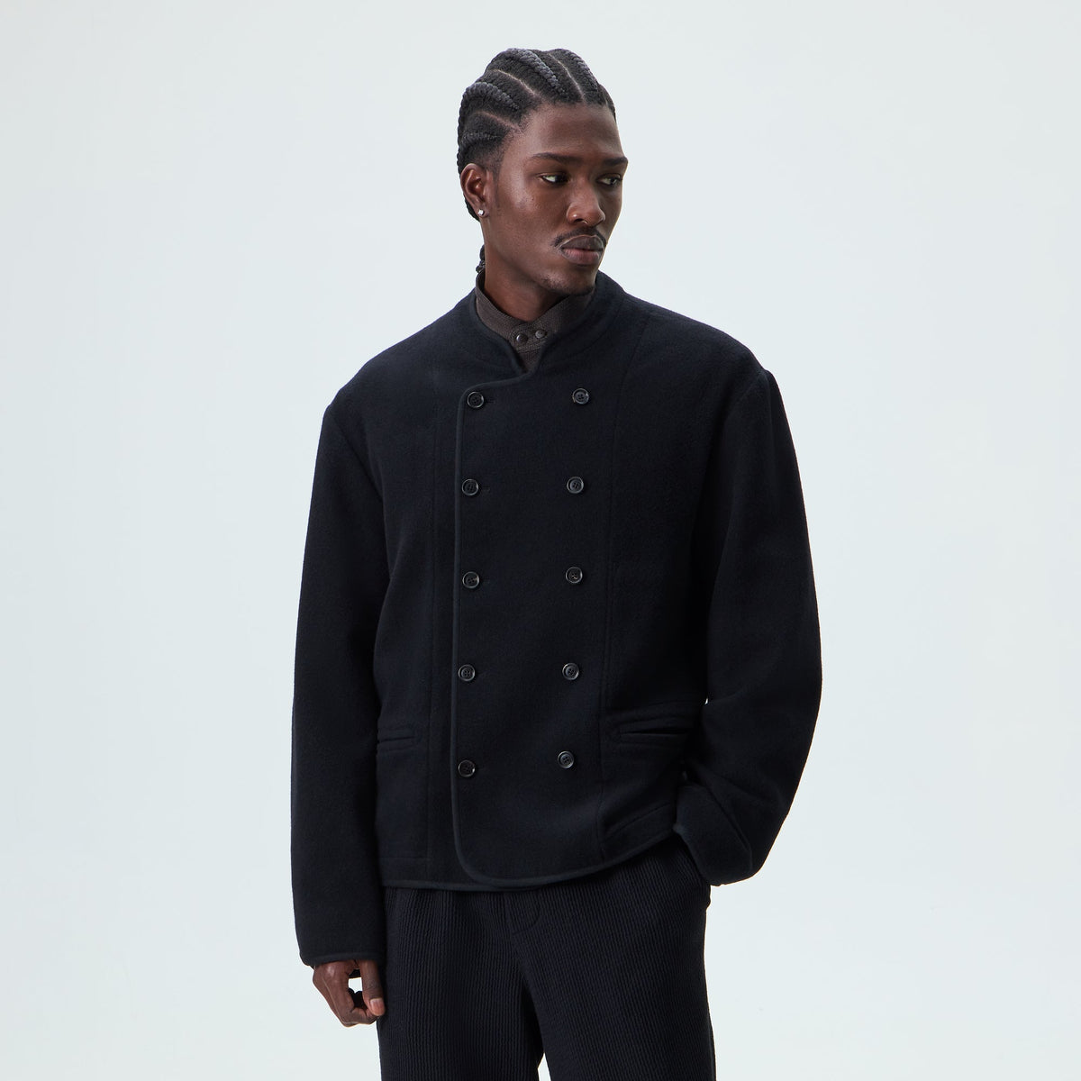 Man wearing black &Kin Wool Cashmere Bowie double-breasted jacket, front view