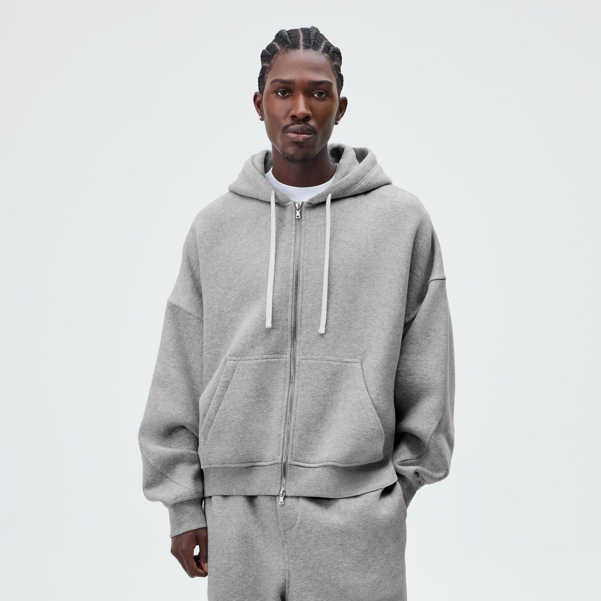 &Kin Plush Fleece Hiroshi Zip Front Hoodie - Medium Heather Grey - PH