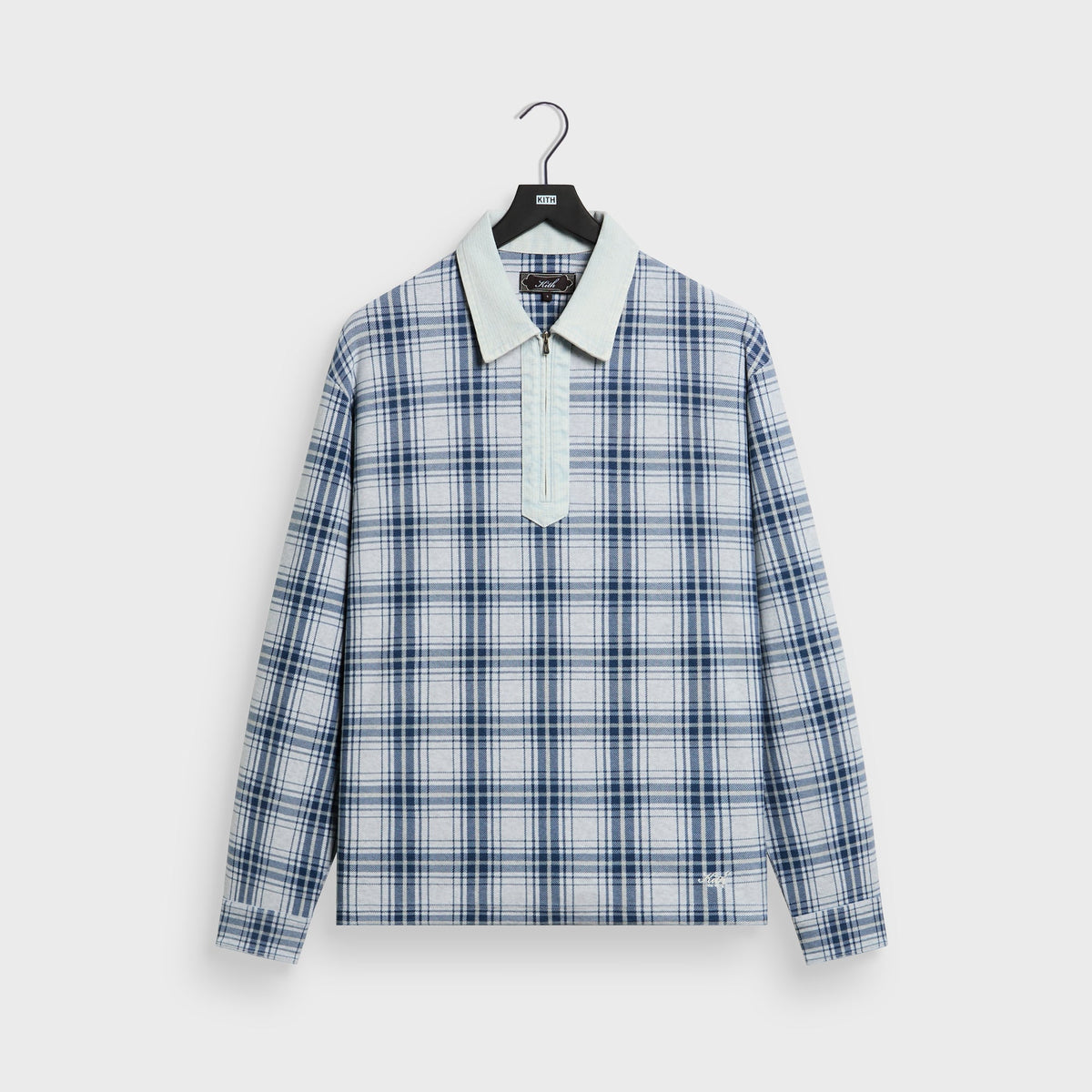 Kith Plaid Jersey Kurt Quarter Zip in blue and white plaid, front view, with grey collar