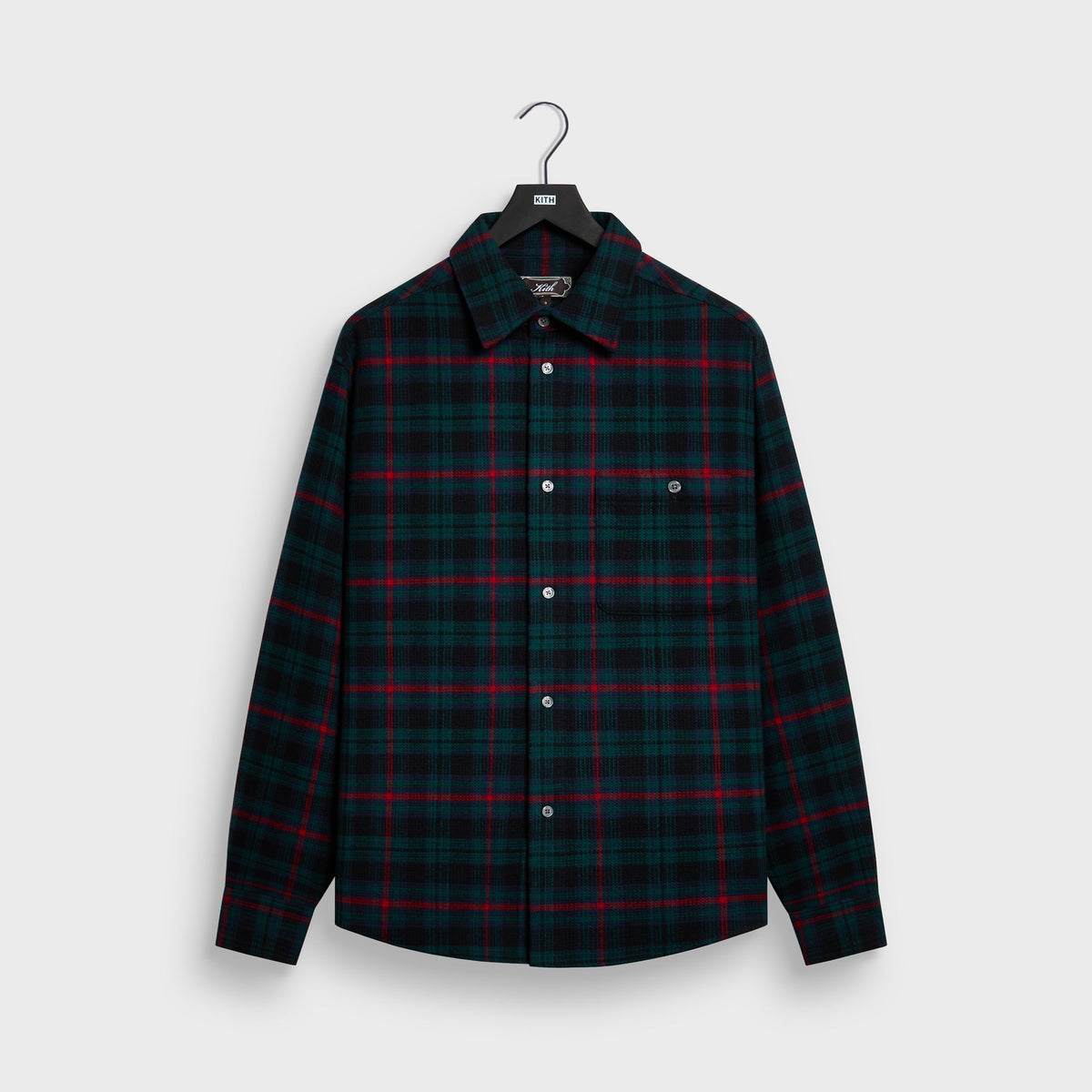 Kith Waffle Plaid Tomas Buttondown Shirt in navy, green and red plaid, front view, with chest pocket