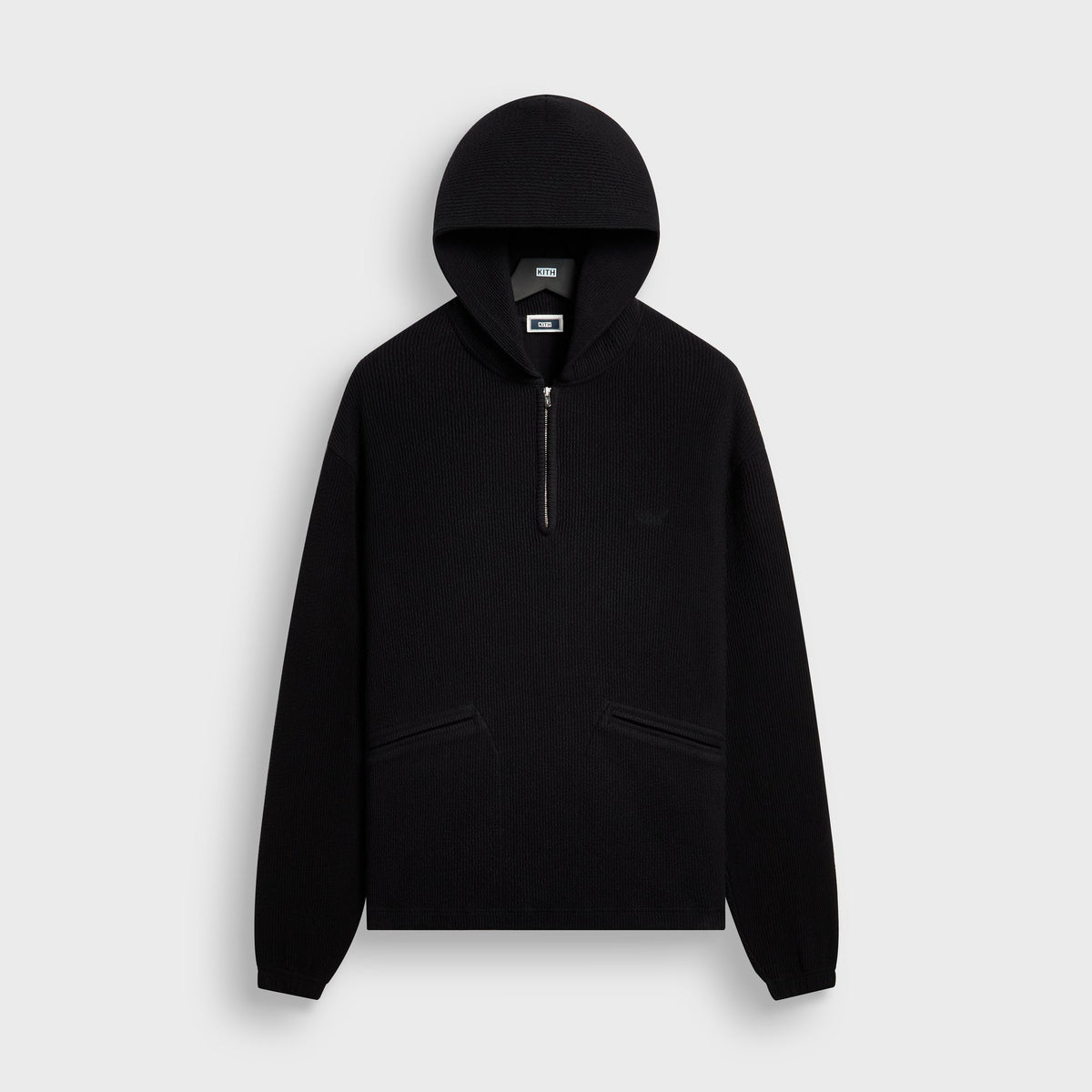 Kith Heavy Crepe Wilder Quarter Zip Hoodie in black, front view, half-zip hooded pullover
