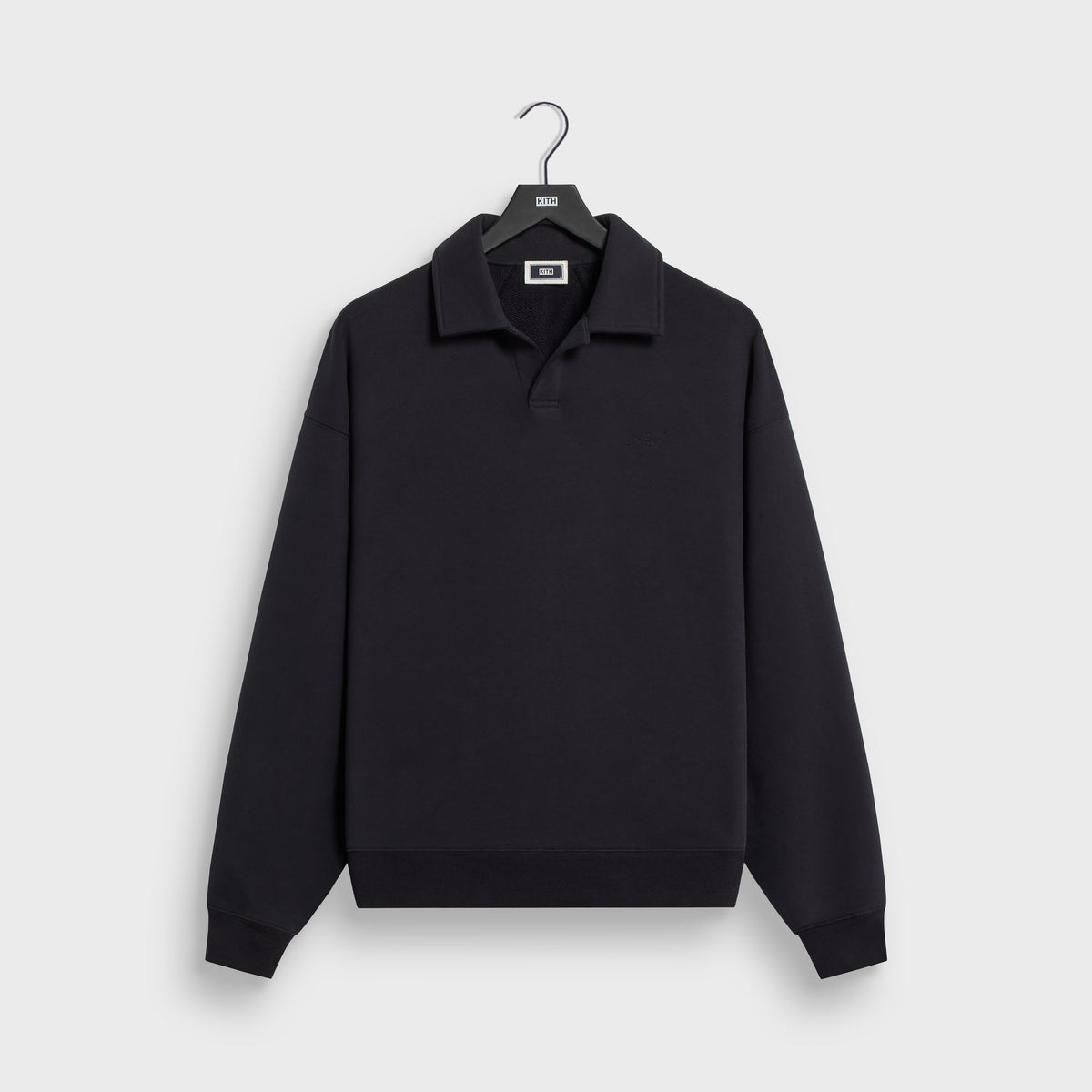 Kith Sueded French Terry Nelson Rugby Pullover in black, front view, polo-collar pullover