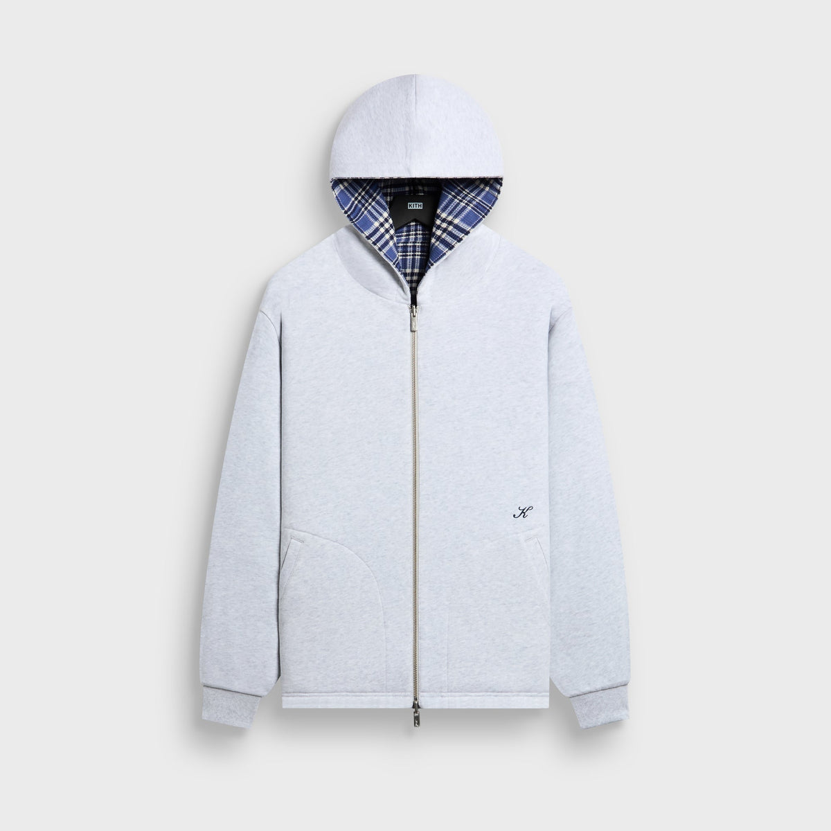 Kith Reversible Waffle Plaid Khenny Zip-Up Hoodie in light heather grey, front view, with navy K monogram and plaid-lined hood