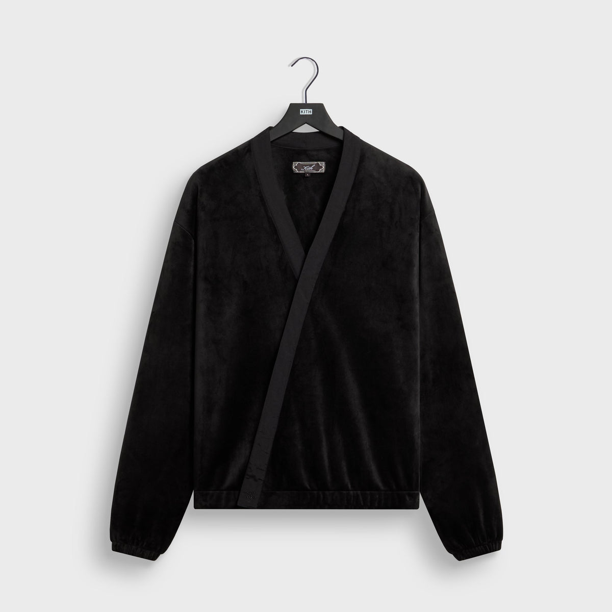 Kith Plush Double Fleece Strauss Cardigan in black, front view, shawl-collar velour cardigan with sash