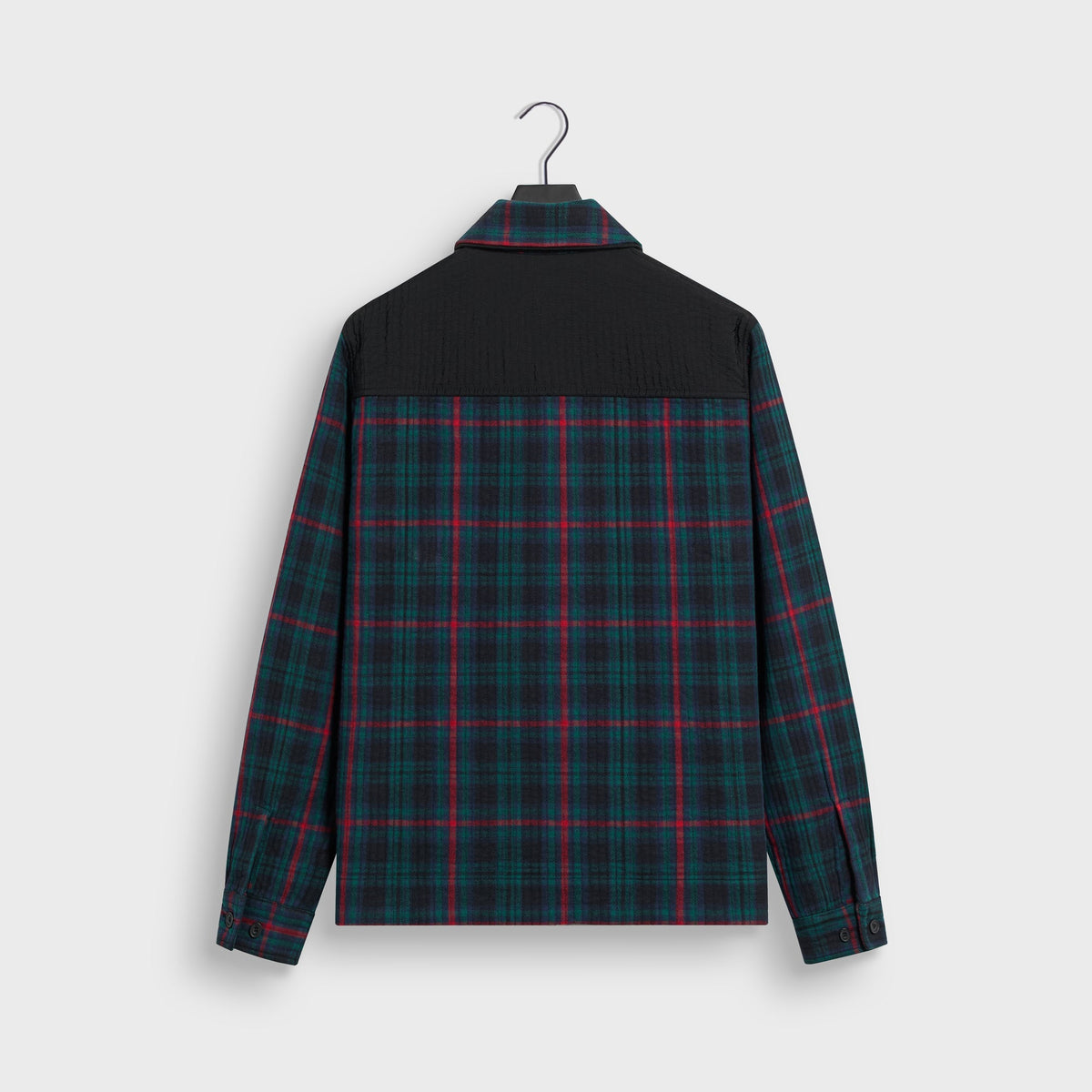 Kith Quilted Flannel Boxy Collared Overshirt in plaid, back view, with a black quilted yoke