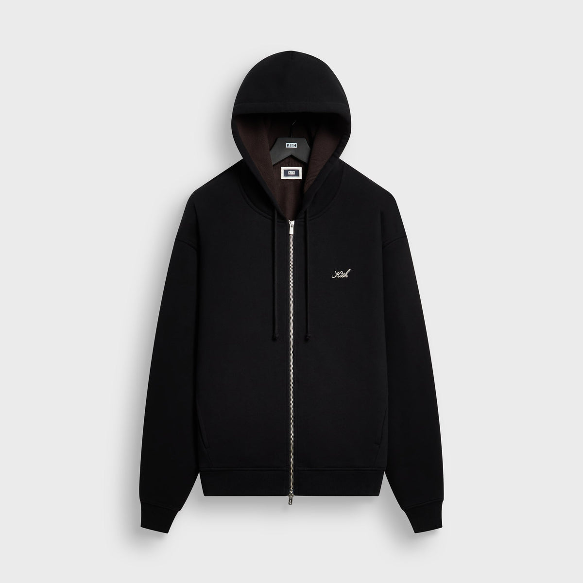 Kith Thermal Lined Fleece Tobias Zip Up Hoodie in black with brown thermal-lined hood, front view