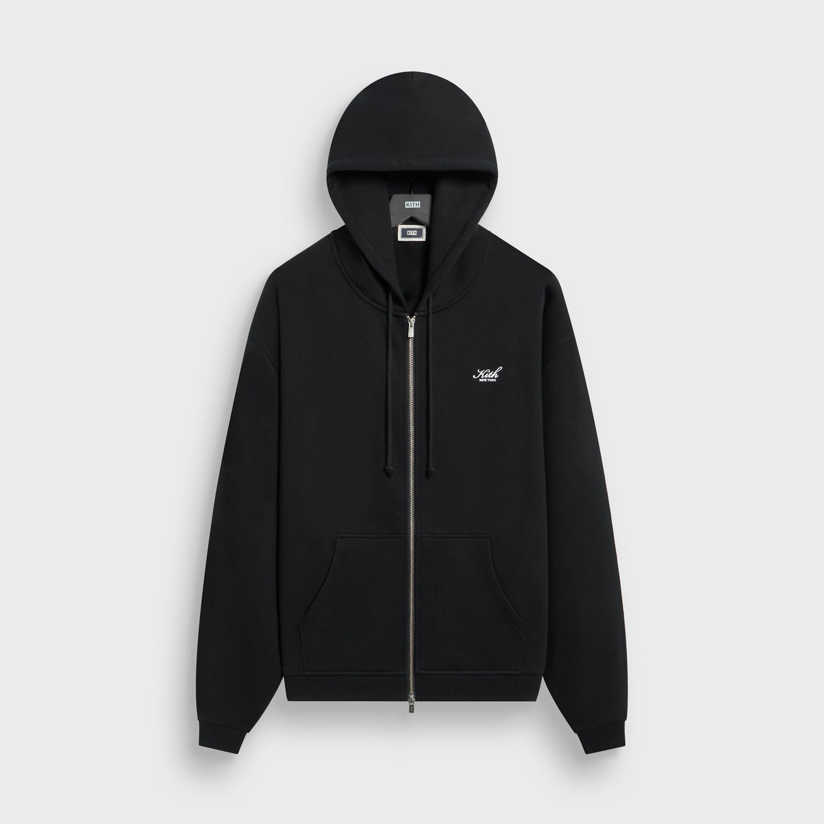 Kith Braxton Full Zip in black, front view, full-zip hoodie with white Kith script logo