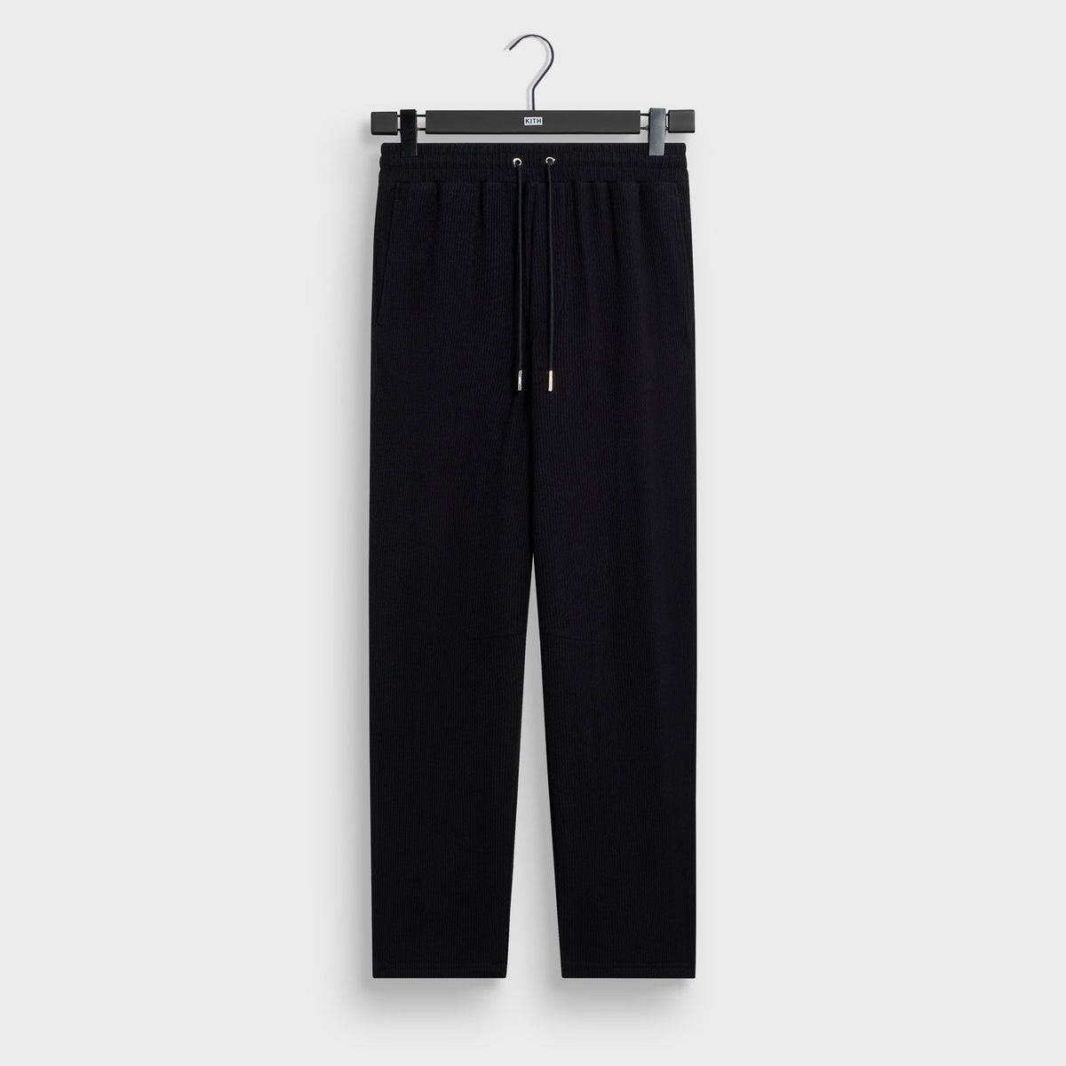 Kith Heavy Crepe Elmhurst Pant in black, front view, relaxed drawstring trousers