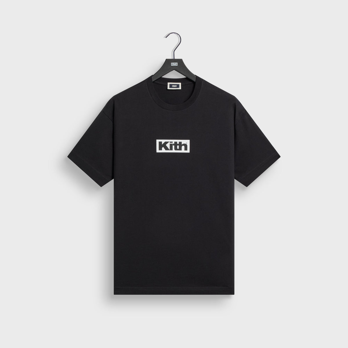 Kith Retro Logo Tee in black, front view, with white Kith box logo chest print