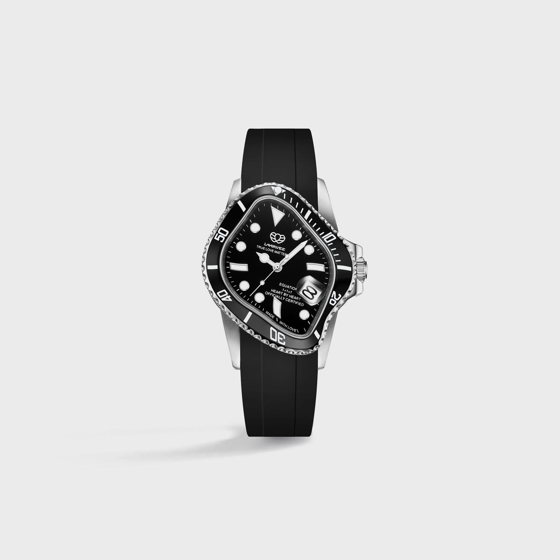 LAARVEE Silver Precision Steel - Black Ceramic Bezel / Black Dial / Black Rubber Belt