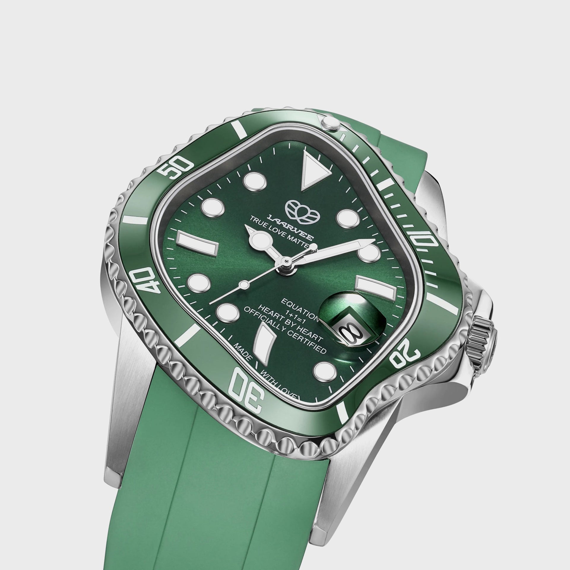 LAARVEE Silver Precision Steel - Green Ceramic Bezel / Green Dial / Green Rubber Belt