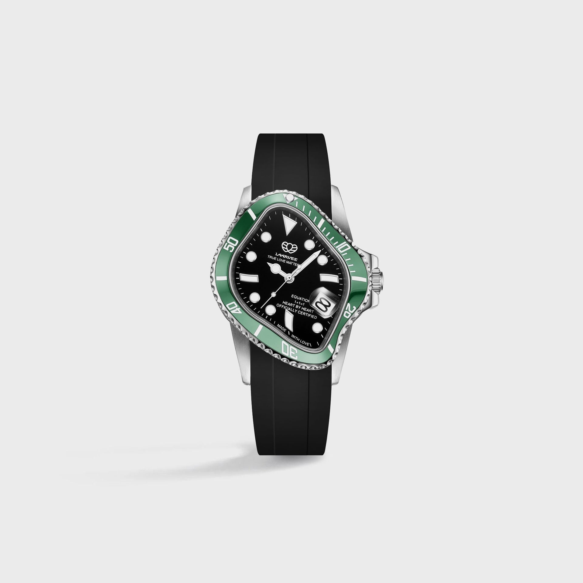 LAARVEE Silver Precision Steel - Green Ceramic Bezel / Black Dial / Black Rubber Belt