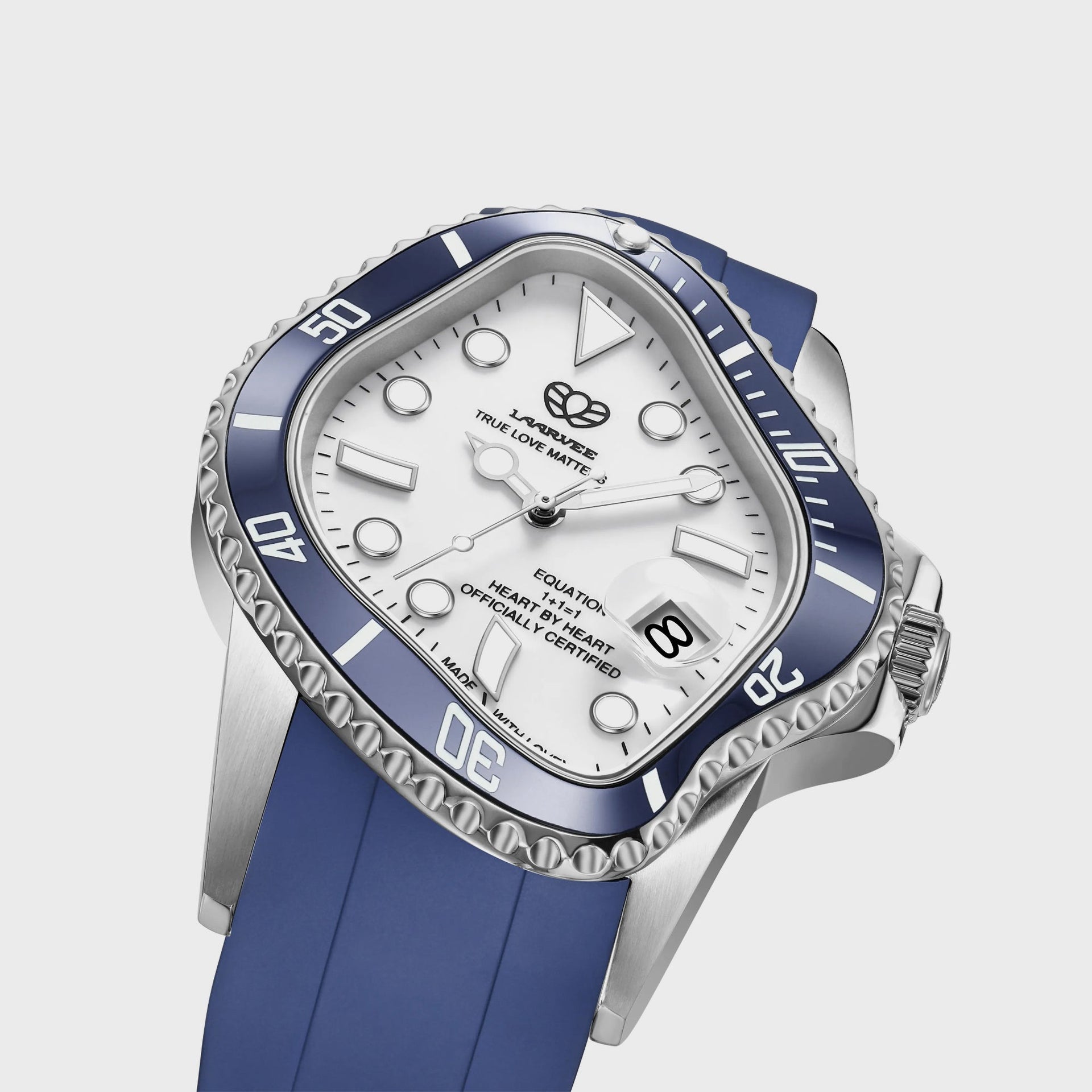 LAARVEE Silver Precision Steel - Navy Blue Ceramic Bezel / White Dial / Navy Blue Rubber Belt
