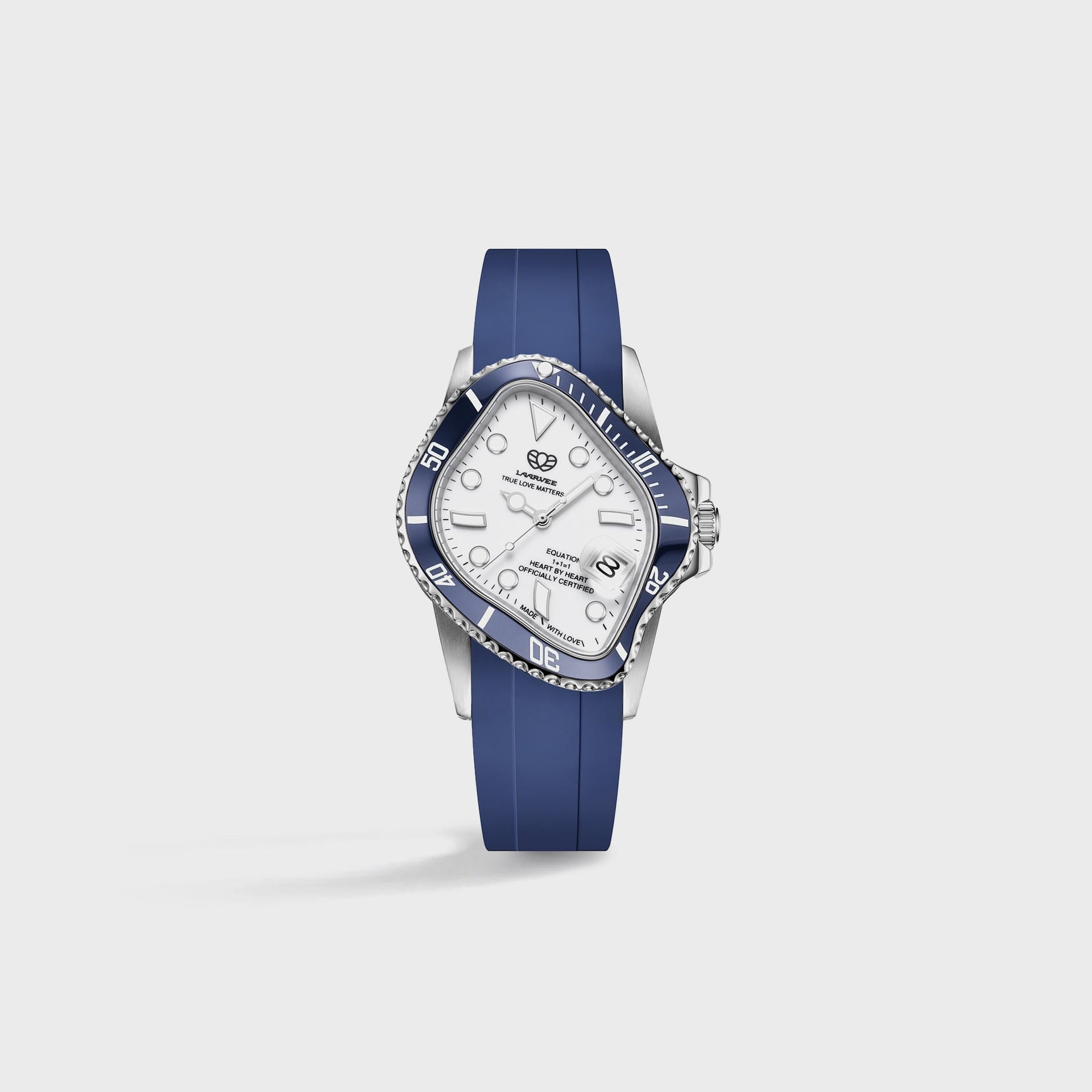 LAARVEE Silver Precision Steel - Navy Blue Ceramic Bezel / White Dial / Navy Blue Rubber Belt