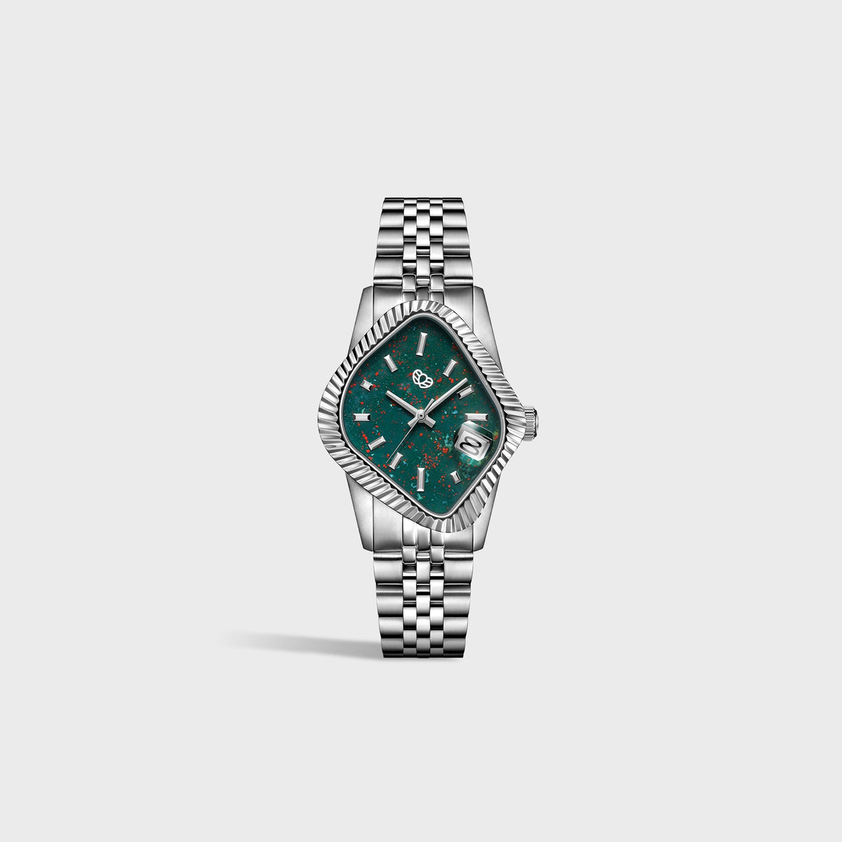 LAARVEE Silver Precision Steel Watch - Fluted Bezel / Natural Bloodstone Dial