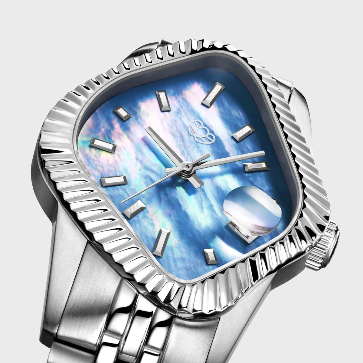 LAARVEE Silver Precision Steel - Fluted Bezel / Blue Mother Of Pearl Dial
