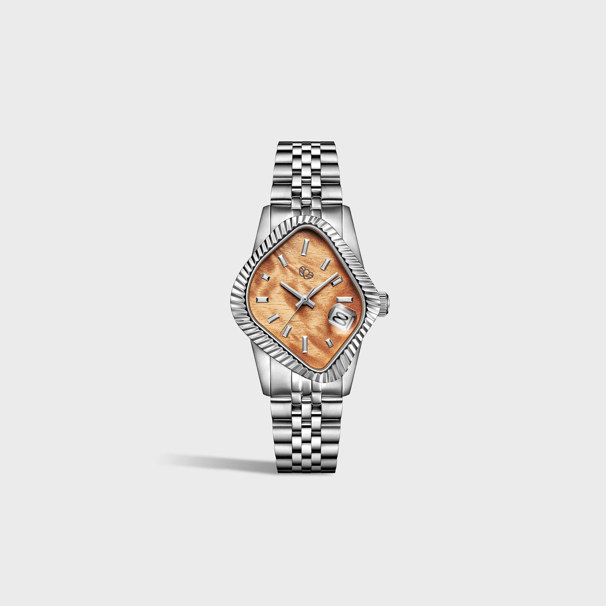 LAARVEE Silver Precision Steel Watch - Fluted Bezel / Golden Phoebe Wood Dial