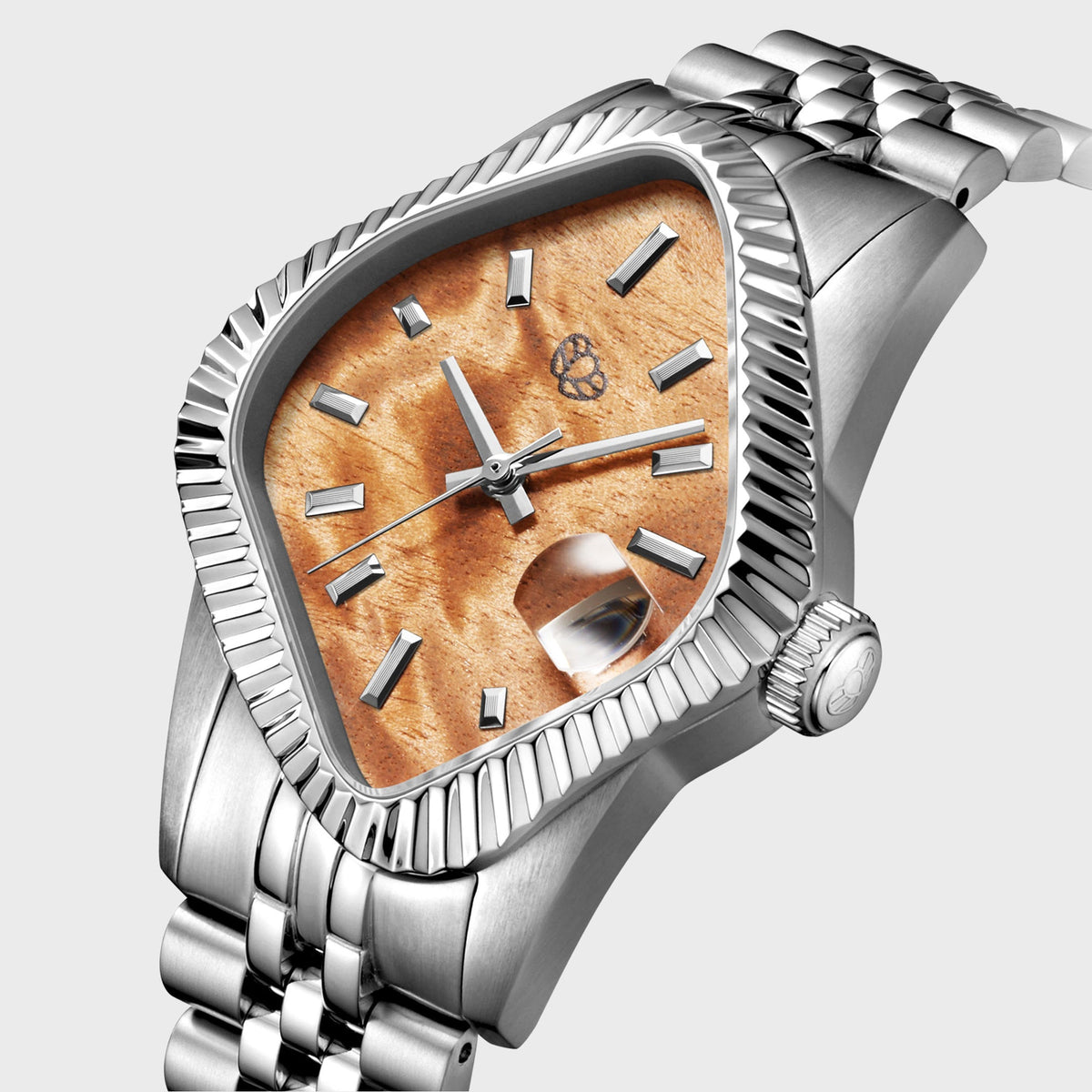 LAARVEE Silver Precision Steel Watch - Fluted Bezel / Golden Phoebe Wood Dial
